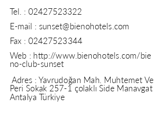 Bieno Club Sunset Hotel iletiim bilgileri